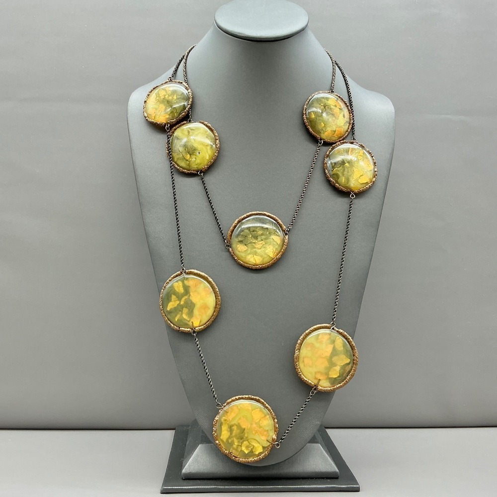 Chico's Necklace Green Gold Foil Resin Disc Long Statement Adjustable 28"